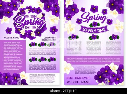 Willkommen Frühling Urlaub Vektor-Poster mit blühenden violetten Viola in Blumensträußen oder Krokussen Blumen Bündel und blühen Kirschblüte von Orchideen Blütenblätter. Sp Stock Vektor