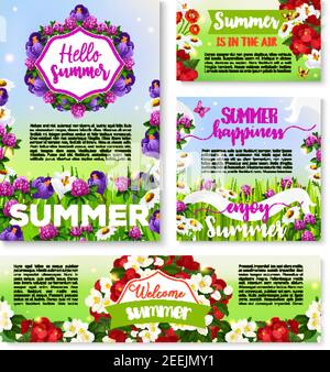 Hallo Sommer Blumenbanner Vorlage. Sommer Blumenfeld mit grünem Gras und Schmetterling Grußkarte und Poster, mit Blumenrahmen von Gänseblümchen verziert Stock Vektor