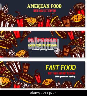 Fast-Food-Vektor-Banner Set von Burgern, Pizza oder Hot Dogs und Donuts. Fastfood Restaurant pommes frites Snacks und Chicken Grill Nuggets oder Flügel, che Stock Vektor