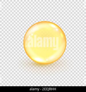 Kollagen goldene Blase auf transparentem Hintergrund isoliert. Realistische Goldölkugel. Kapsel Pillen von Omega-3, Fischöl, Vitamin E oder D. Vector Stock Vektor