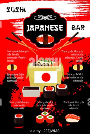 Sushi Bar Poster für japanische Meeresfrüchte Restaurant Küche. Vektor-Vorlage von Sushi-Rollen, Lachs Fisch Maki oder Nudeln oder Miso-Suppe und Thunfisch Sashimi, te Stock Vektor