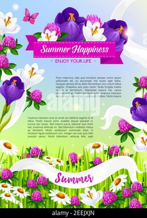 Happy Summer Poster mit blühenden Blumen oder Krokussen und Iris oder blauen Viola Blüten und Klee Knospen, blühenden Gänseblümchen Blütenblätter und florierende Bänder wi Stock Vektor