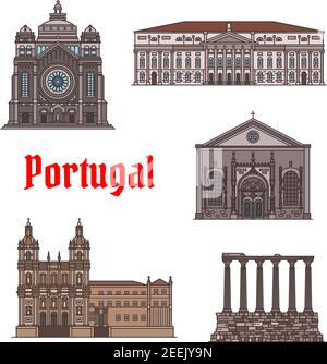 Portugiesische Reise Wahrzeichen der berühmten architektonischen Sehenswürdigkeiten dünne Linie Symbol gesetzt. Basilika Santa Luzia, Kloster Sao Vicente de Fora, Tempel von Dia Stock Vektor