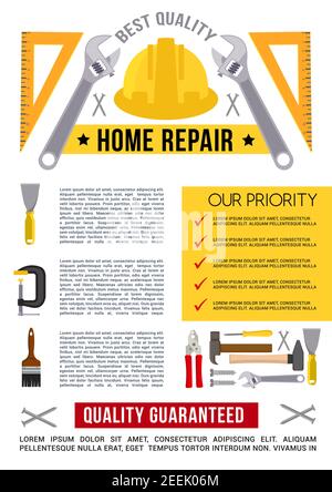 Startseite Reparatur und Bau arbeiten Werkzeuge Poster Vorlage. Vektor-Werkzeugkasten für Haus Finishing und Renovierung oder Verputzen Design von Pinsel, Hammer Stock Vektor