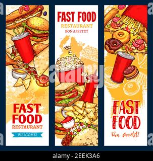 Fast Food Banner Set von Pizza, Cheeseburger oder Hamburger und Hot Dog, pommes Frites oder Tacos und Chicken Nuggets. Vector Kaffee oder Limonade Getränke und Eis Stock Vektor