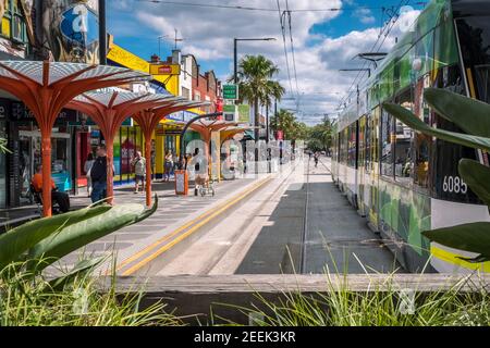 Das Ende der Straßenbahnlinie, in St. Kilda, Victoria, Australien Stockfoto