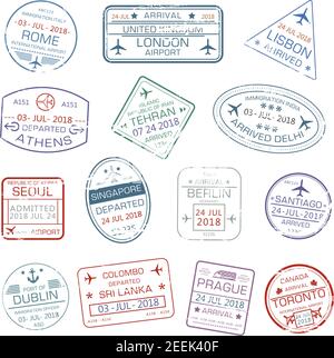 Passstempel mit den Stadtnamen Rom Italien, London oder Lissabon und Athen, Teheran oder Delhi und Seoul, Singapur, Berlin Deutschland und Dublin, Colombo Stock Vektor