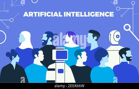 Menschen verschiedener Ethnien, verschiedener Geschlechter und Roboter. Stockfoto