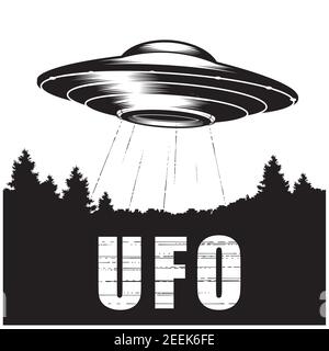 UFO über Wald, außerirdisches Raumschiff mit Lichtstrahl, außerirdische fliegende Untertasse, ufo-Scheibe, Vektor Stock Vektor