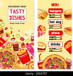 Fast-Food-Menü Banner mit Preisen für Fastfood-Gerichte von Burgern, Pizza oder Sandwiches und Getränke gesetzt. Vektor-Vorlage von Hot Dog, pommes frites Snack Stock Vektor