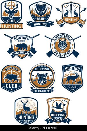 Jagdsport Symbol und Jäger Club Mitgliedschaft Abzeichen Satz. Hirsche, Ente, Eber, Bär, Wolf, Elch, Hase, Schwein Wildtiere mit Gewehr, Zielzeichen und Pfeil Stock Vektor