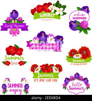 Sommer Blumen Blumensträuße und Bündel Symbole mit sommertime Gruß Zitate von Hallo und genießen Sie Sommer. Vektor-Set von blühenden Rosen, Begonia und Klee Stock Vektor