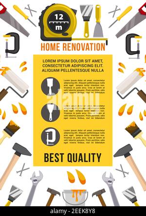 Startseite Renovierung und Reparatur Werkzeuge Poster. Vector Schreinerei Messen Lineal, Schraubenschlüssel oder Schraubendreher, Bohrer oder Hammer und Säge, Gips-Trow Stock Vektor
