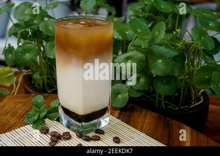vietnamesische Eiskaffeemilch, Iced Coffee ist eine Art von Kaffee Getränk serviert gekühlt, gebrüht einfach Gießen über Eis oder in eiskalte Milch. Stockfoto