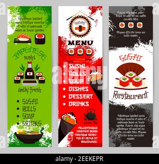 Sushi-Bar-Menü-Banner für japanische Meeresfrüchte-Restaurant-Küche. Vektor-Vorlage von Sushi-Rollen, Lachs Fisch Maki oder Nudeln oder Miso-Suppe und Thunfisch s Stock Vektor