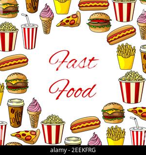 Fastfood-Mahlzeiten Poster von Fastfood Burger, Snacks und Getränke. Vector Pizza Scheibe und Hamburger oder Hot Dog, Kaffee und Donut Dessert mit Eis und Stock Vektor