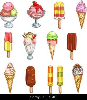 Symbole für Eiscreme-Skizzen. Vector isolierte gefrorene Desserts Set, Obst Sorbet Eisschaufeln in Wafer-Kegel, Gelato Schalen in Schokolade Fondant oder Karamell Stock Vektor
