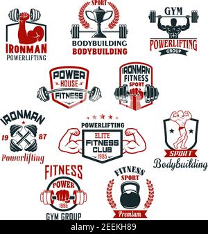 Gym Symbole für Bodybuilding oder Powerlifting Sportverein. Vektor isolierte Abzeichen Set aus Eisen Langhanteln oder Hanteln in Muscleman Bizeps Hand, Bänder, sta Stock Vektor