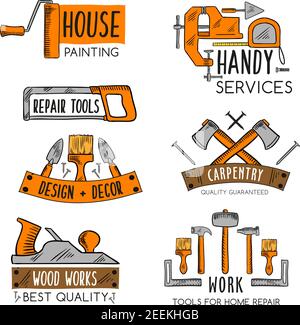 Home Reparatur oder Handy Service Vektor-Icons Vorlagen Set von Bau-und Zimmerei oder Haus Finishing Arbeit Werkzeuge der Malerei Pinsel oder Hammer, Schraube Stock Vektor