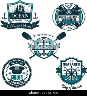 Seefahrt und Seemann oder Seefahrer Segeln heraldischen Vektor-Symbole Set von Schiffsanker, Helm oder gekreuzte Schiff Paddel, Kapitän Hut und Rettungsboje auf oc Stock Vektor
