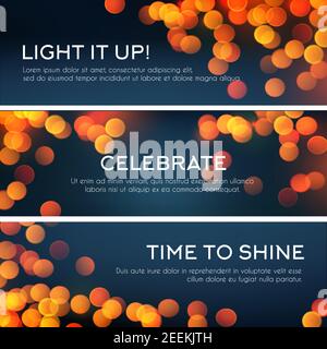 Bokeh-Lichtbanner-Set. Goldener Glitzer von defokussierte Lichter, verschwommenes Leuchten von leuchtenden Sternen und funkelt mit Copy Space festliches Hintergrunddesign für g Stock Vektor