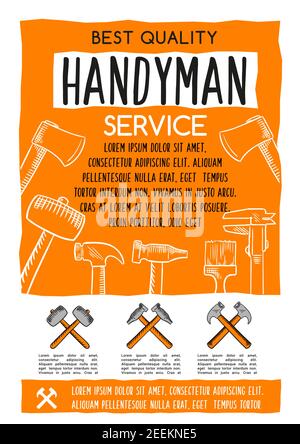 Handwerker-Service-Poster für Hausreparatur oder Hausrenovierung. Vektor-Design von Zimmerei, Putzen und Holzarbeiten Werkzeuge Hammer, Lineal oder Kelle ein Stock Vektor