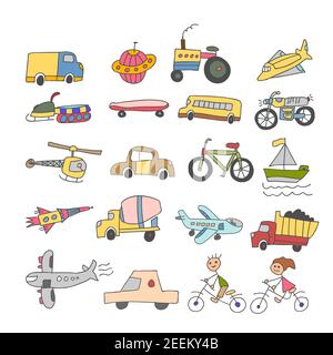 Satz von Element Doodle Transport bunte Kind. Handgezeichnete Skizze Doodle Vektor-Linie Farbe Symbole Sammlung von Transport-Element-Symbol auf weißem Hintergrund gesetzt Stock Vektor