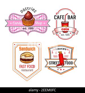 Fast-Food-Café oder Bar Symbole Satz von Fastfood-Mahlzeit und Snack. Vector isolierte Schokolade Cupcake oder Süßigkeiten Gebäck Dessert, Kaffee oder Soda Getränk und Käse Stock Vektor