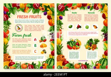 Obst-Broschüre oder Poster für frische Bio-Obst-Produkte. Vektor exotische Mango, Papaya oder Garten Apfel und tropische Ananas, Wassermelone oder Melone Stock Vektor