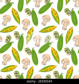 Nahtlose Muster Gemüse mit Elementen von Pilzen, Gurke, Mais. Vektorgrafik Stock Vektor
