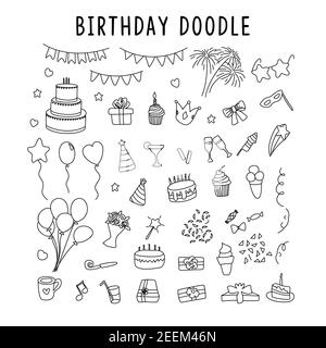 Set von Element Doodle Dekoration Geburtstag. vektor-Set von Elementen für Geburtstag und Party-Doodles Stock Vektor