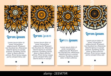 Paisley Blume Banner Vorlage Set. Indische Mandala Ornament von gelb und grau floralen Kreis Muster mit Blütenblatt und wirbelnden Linien für Unternehmen Stock Vektor