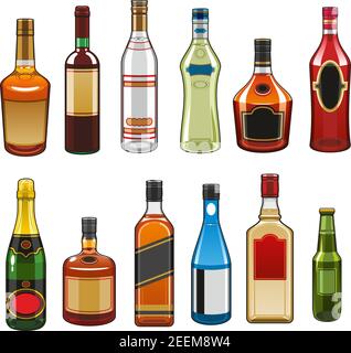 Symbole für Flaschen mit alkoholischen Getränken. Vector isoliertes Set aus Whiskey, Champagner oder Sekt und Gin mit Wermut oder Schnaps, Partygetränke Rum, Stock Vektor