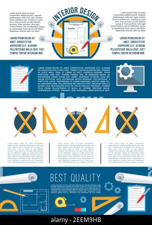 Startseite Innenarchitektur Poster Vorlage von Arbeitswerkzeugen. Vektor-Lineal, Bleistift für die Planung und Zimmer oder Wohnung Layout Zeichnung für Renovierung, Computer A Stock Vektor