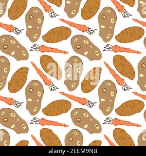 Nahtloses Muster mit Kartoffeln, Karotten auf weißem Hintergrund. Vektor-Illustration von Zutaten für Lebensmittel Hintergrund in einem flachen Doodle-Stil. Stock Vektor