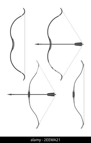 Bogen mit gezeichneter Bogenschnur und Pfeil, Bogenschießen, Silhouetten von Vintage-Bögen und Pfeile isoliert auf weißem Hintergrund, Vektor Stock Vektor