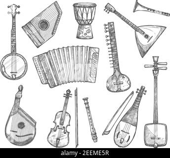 Musikinstrumente Vektor Skizzen Symbole. Vector isolierte Banjo-Gitarre, ethnische Jembe Ledertrommel, Balalaika Zither und Bouzuki, Geige Geige oder Flöte Stock Vektor
