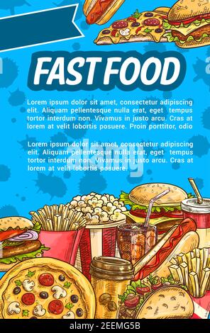 Skizzenposter für Fast-Food-Gerichte. Hamburger, Hot Dog, pommes frites, süße Limonade, Pizza, Cheeseburger, Kaffee und Fleisch Taco Sandwich Banner für Fast Food re Stock Vektor