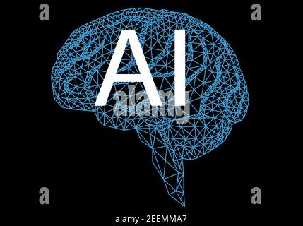 Künstliche Intelligenz, geometrisches menschliches Gehirn, Vektor-Illustration auf schwarzem Hintergrund Stock Vektor