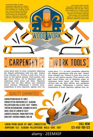 Holzarbeiten und Schreinerei Werkzeuge Poster für handliche Bau oder Renovierung. Vector Grinder Ebene, Hammer und Nägel oder Schraubendreher und Mutter Schraube Stock Vektor