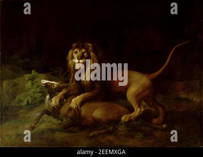 Ein Löwe, der einen Hirsch angreift, Gemälde von George Stubbs, 1765-1766 Stockfoto
