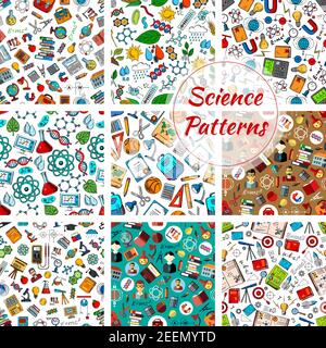 Wissenschaft nahtlose Muster mit Vorräten Hintergrund. Buch und Bleistift, Schultasche, Notizbuch, Globus und Lineal, Chemiekolben, Taschenrechner, Mathematik A Stock Vektor