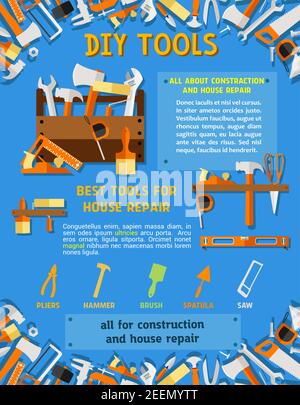 Haus Reparatur Werkzeug und Zimmerei Ausrüstung Skizze Poster Vorlage. Hammer, Zange, Pinsel, Kelle, Axt, Maßband, Wagenheber und Schraubstock, Hand zu Stock Vektor