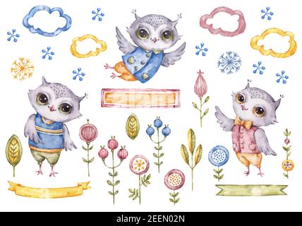 Cute Vektor Aquarell Eulen Jungen und florale Elemente auf weißem Hintergrund isoliert, kindisch Stil gesetzt. Handbemalte Aquarellfiline, Cartoon Vögel und Stock Vektor