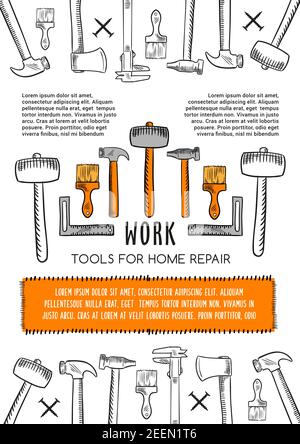 Arbeitswerkzeuge für Hausreparatur Poster. Vektor-Skizze für Haus-Design und Renovierung Hammer Schläger oder Axt und Putzkelle oder Inneneinrichtung Farbe bru Stock Vektor