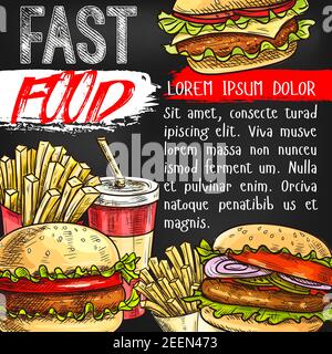 Fastfood-Poster mit Snacks, Desserts und Sandwiches. Vector Skizze Fastfood pommes frites, Cheeseburger oder Hamburger und Hot Dog Sandwich, Soda oder Stock Vektor