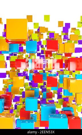 Futuristische 3D Illustration von bunten Quadraten, Rechtecken und geometrischen Formen auf weißem Hintergrund. Abstraktes Bild von Würfeln oder Blockhintergrund Stockfoto