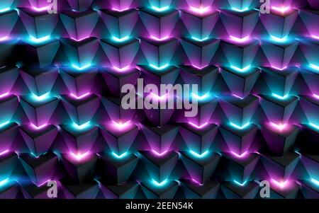 Futuristische 3D Illustration der Gestaltung von Quadraten, Rechtecken und geometrischen Formen. Leuchtende Neonlichter und glänzende, glatte Textur. Stockfoto