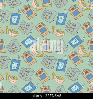 Muster nahtlose Kinder mit Küche Doodle Element. Nahtloses Muster des Küchenutensils im Retro-Stil Stock Vektor