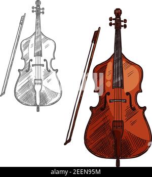 Kontrabass Musikinstrument oder Violine mit Bogen Skizze Symbol. Vector isolierte Streichmusik Cello oder Geige, Violoncello oder Viola für klassische Musik con Stock Vektor